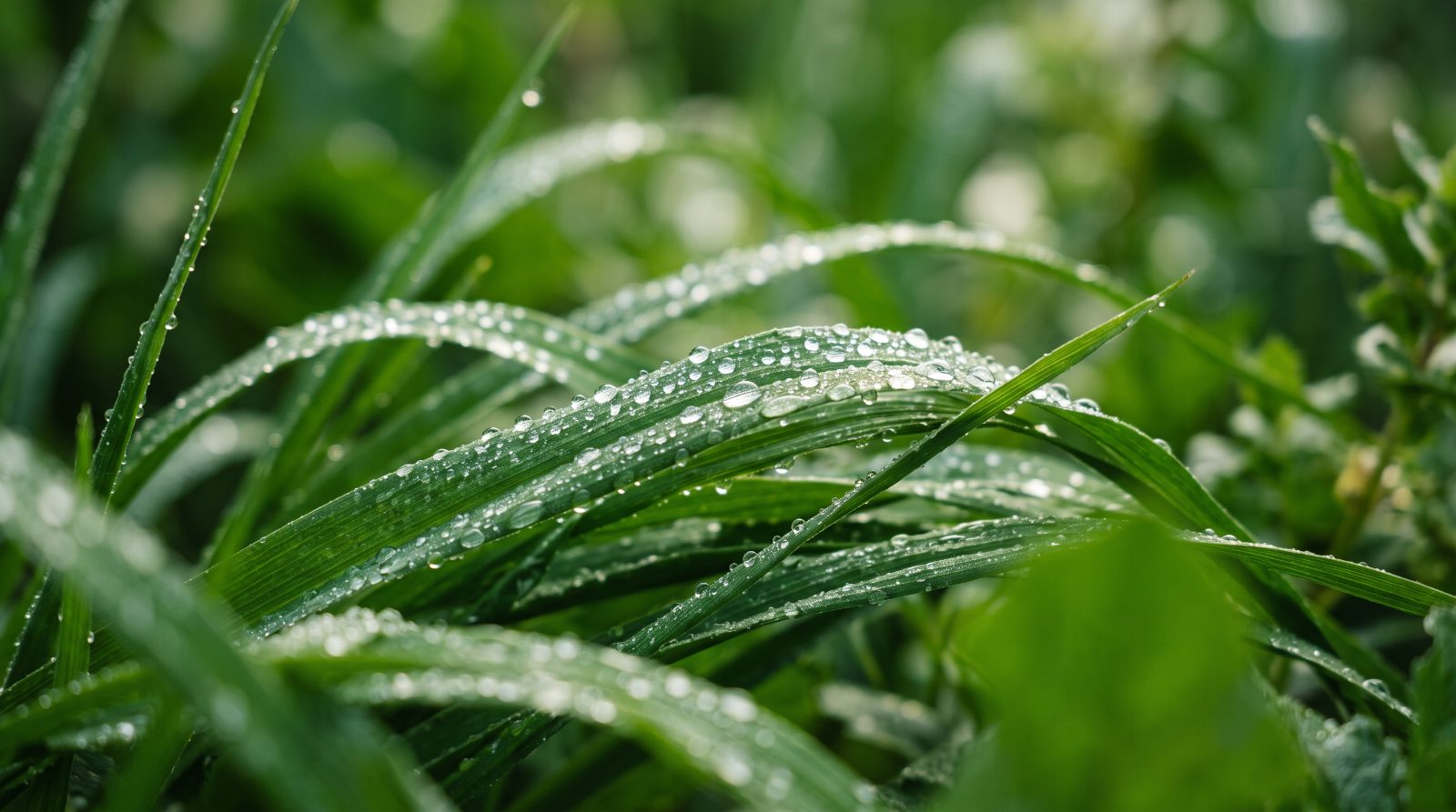 Close-up van fris groen gras met dauwdruppels in zacht herfstlicht