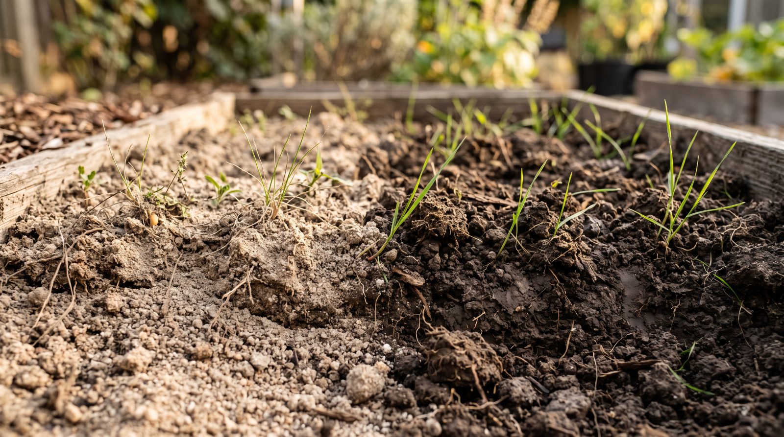 Dwarsdoorsnede van zandgrond en kleigrond naast elkaar in een tuin met jonge grashalmen