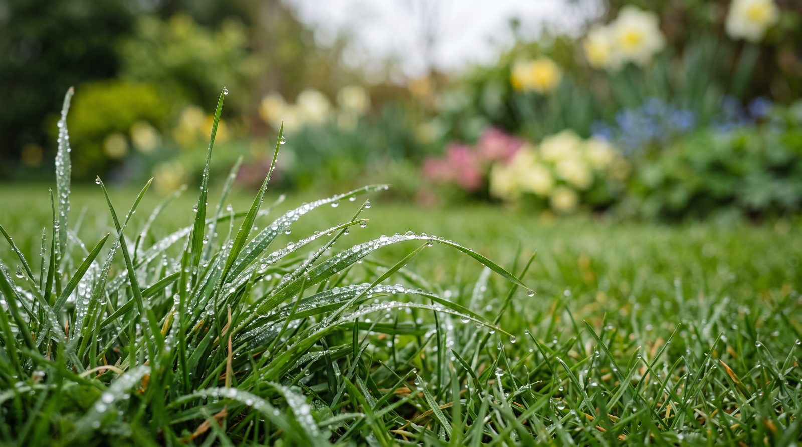 Close-up van dauwdruppels op fris groen gras in het vroege voorjaar