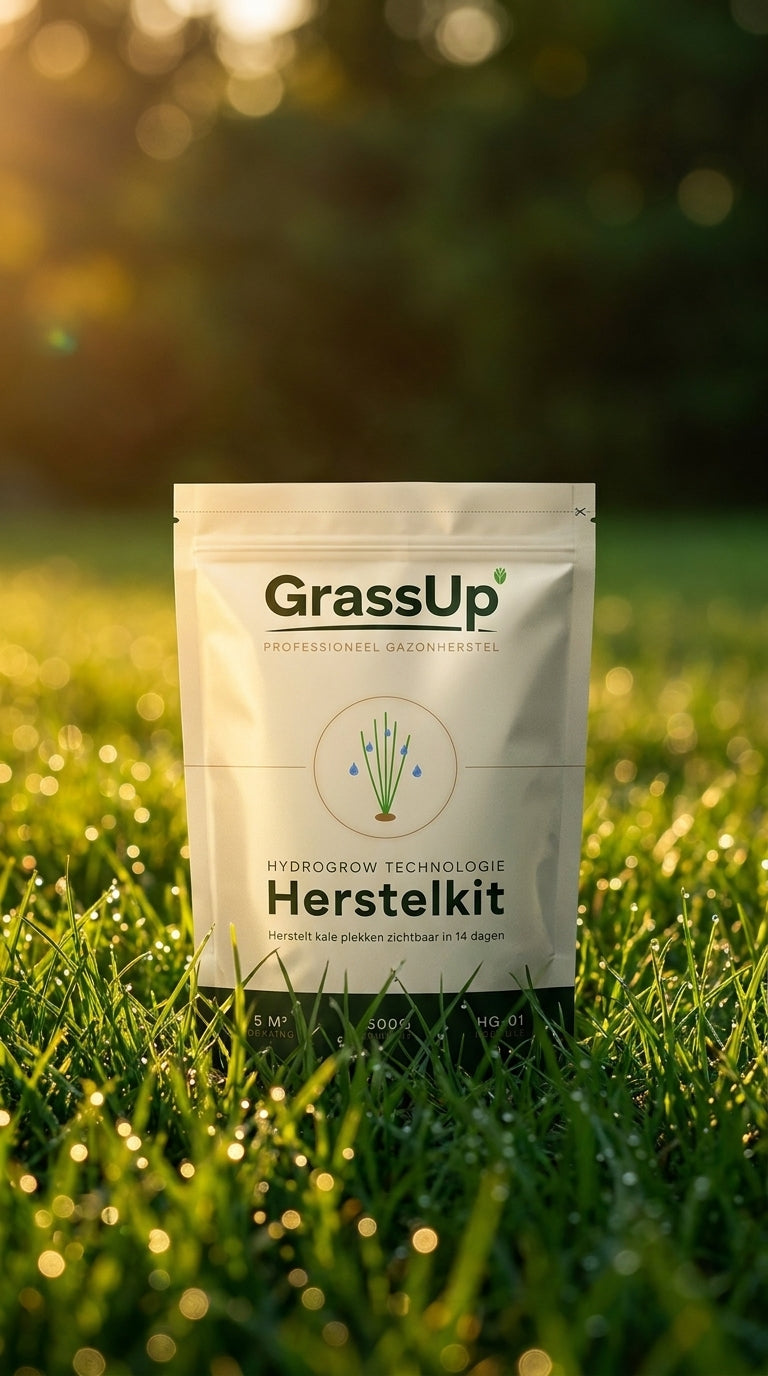 De GrassUp HydroGrow Herstelkit op het gazon in avondlicht
