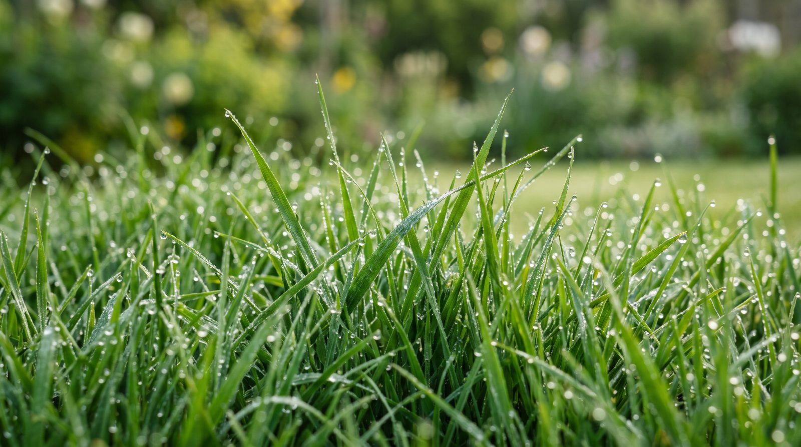 Close-up van een gazon dat overgaat van kale, dunne grasmat naar dicht en groen gras