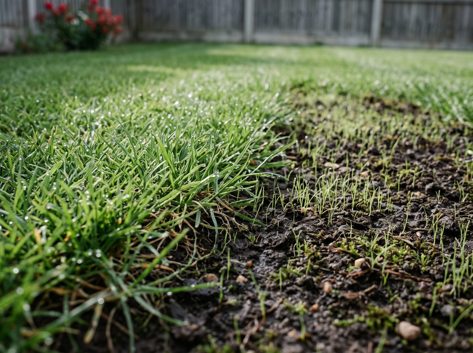 Kaal stuk gazon waarop jonge grassprietjes beginnen op te komen naast dicht volwassen gras