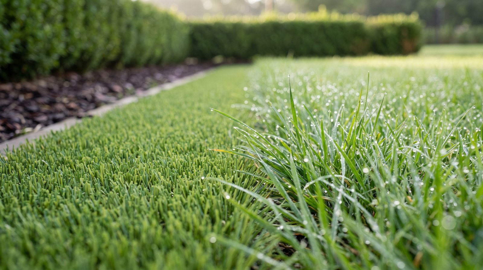 Gazon dat overgaat van kale, beschadigde aarde naar dicht groen gras, met dauwdruppels op de grassprietjes