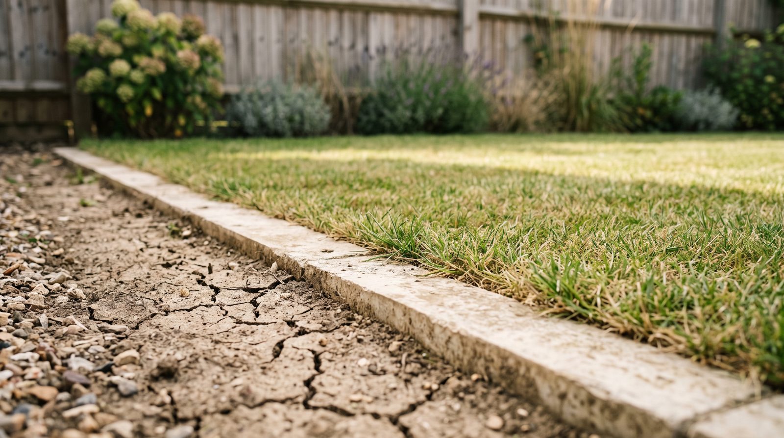 Nieuw gazon in een moderne nieuwbouwtuin met zichtbare droogtestreep langs de betegeling