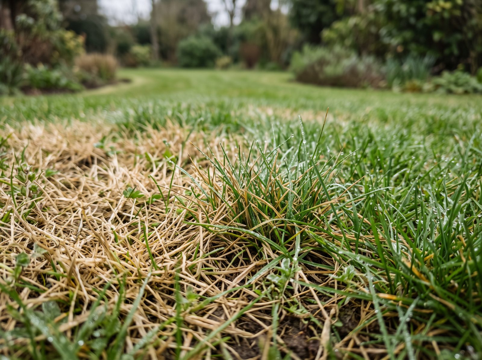 Kale, strogele plekken van sneeuwschimmel in een gazon omringd door groen gras in het vroege voorjaar