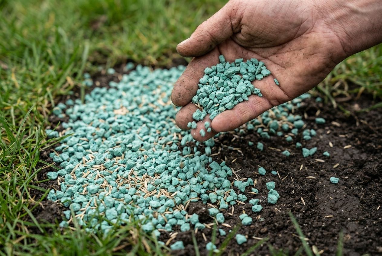 Hand strooit turquoise mulchgranulaat met graszaad op donkere vochtige tuingrond