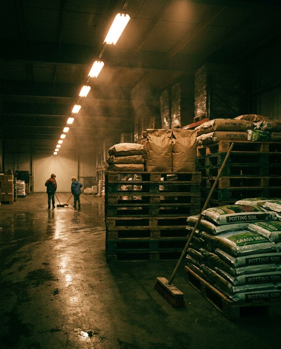 Nachtelijke hal van een tuinproductenbedrijf: pallets potgrond en graszaad, twee jongens vegen de betonvloer