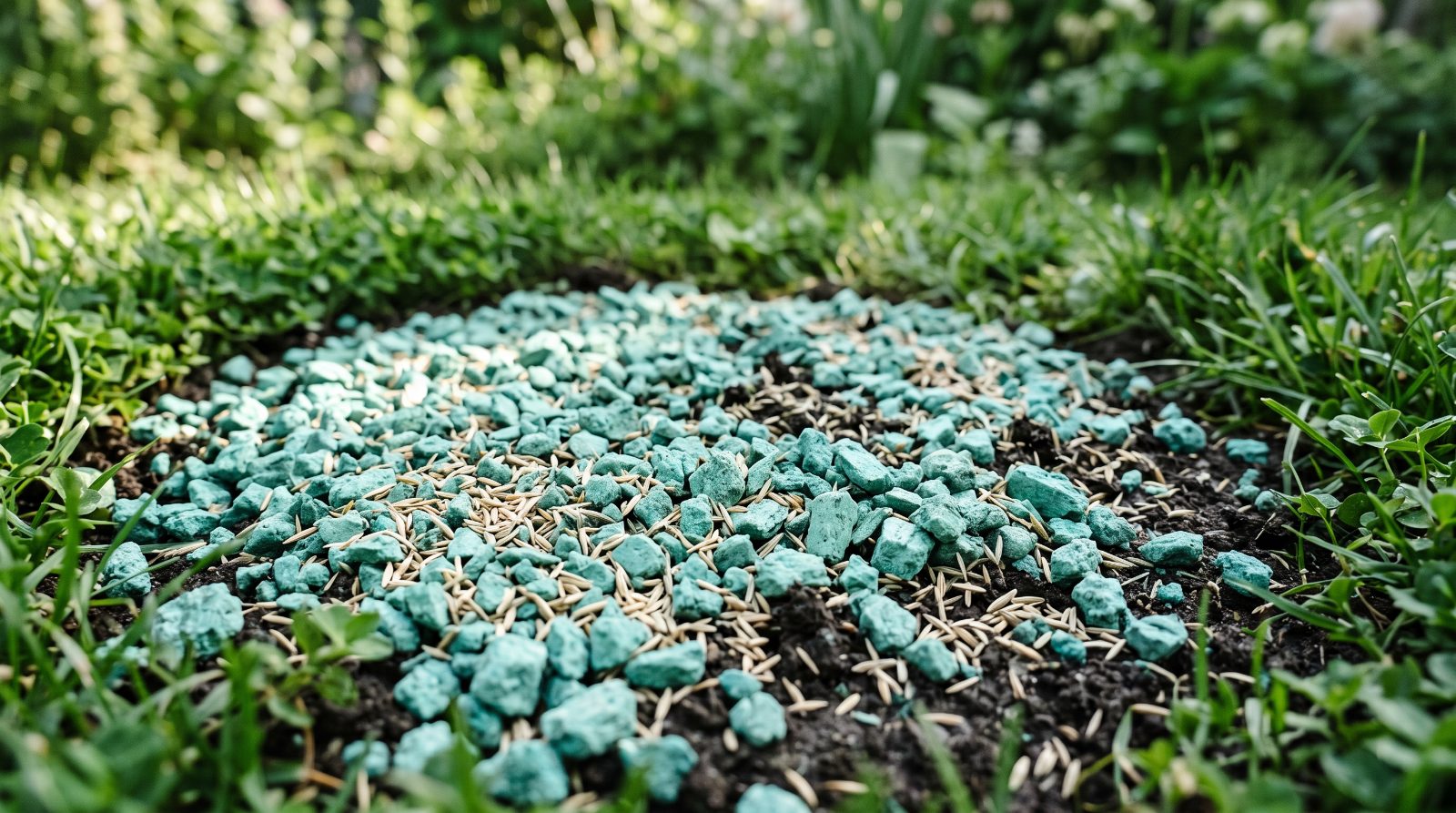 Close-up van kale grond bedekt met turquoise mulchkorrels en graszaad in een verzorgde tuin