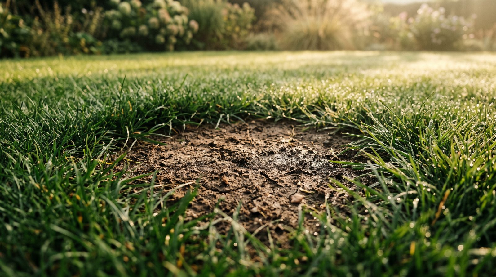 Kale plek in een gazon in september, omgeven door gezond groen gras met ochtenddauw op de grond