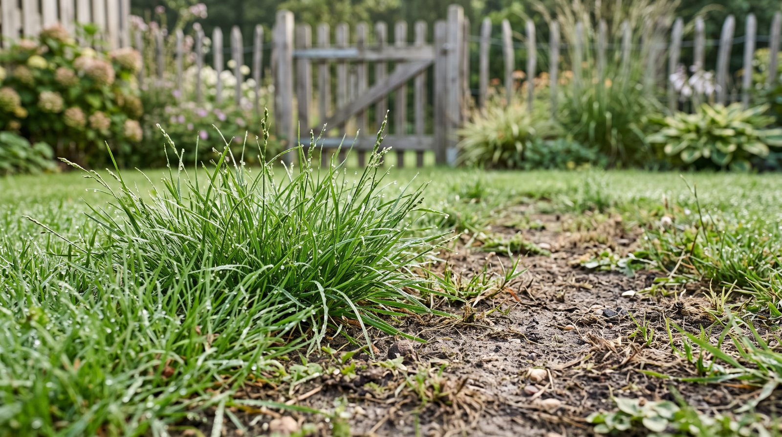 Kaal gazongedeelte naast herstellend groen gras in een Nederlandse tuin met ochtenddauw
