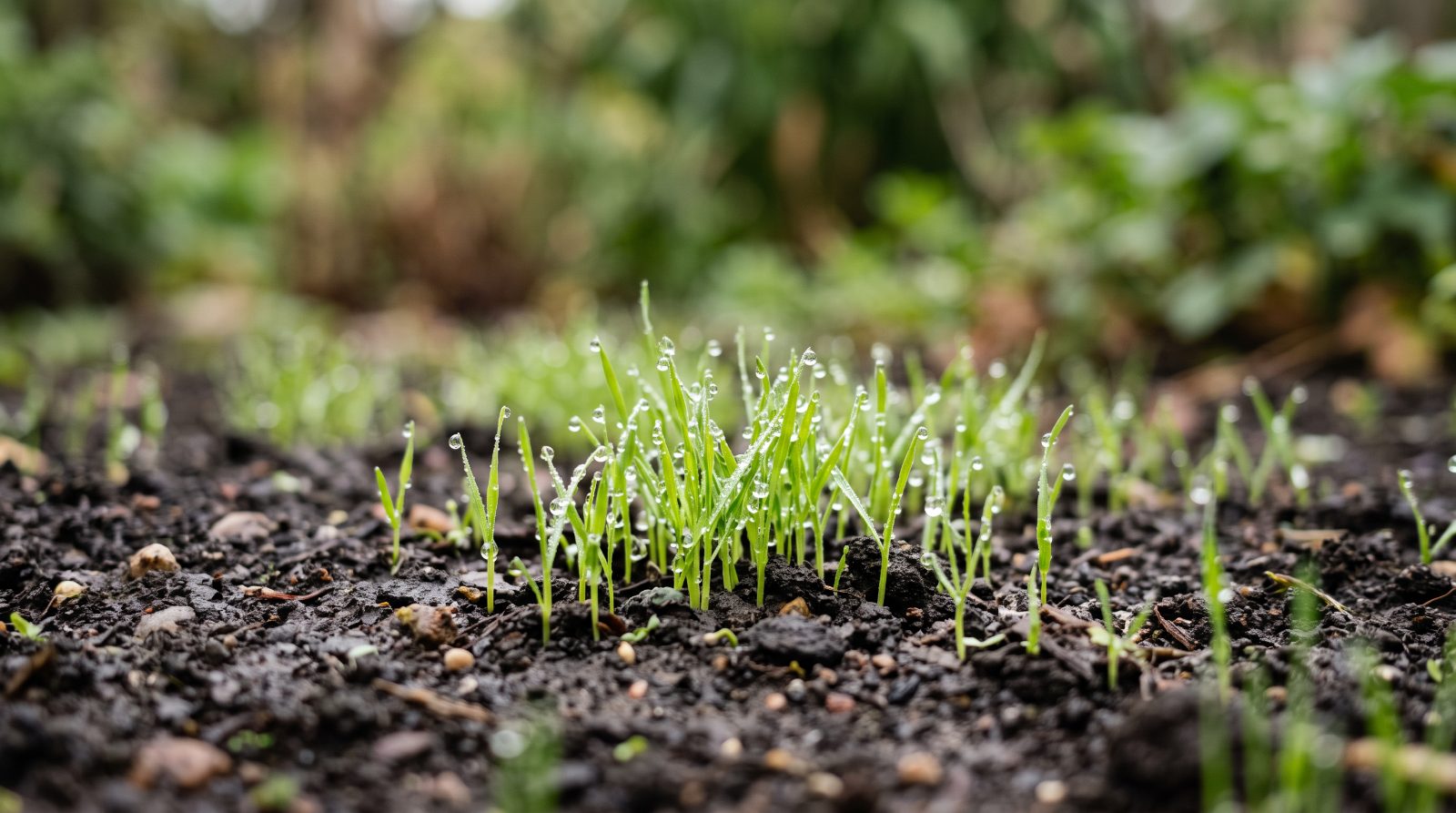 Verse graszaadkiemen die net door vochtige donkere tuingrond breken in zacht ochtendlicht