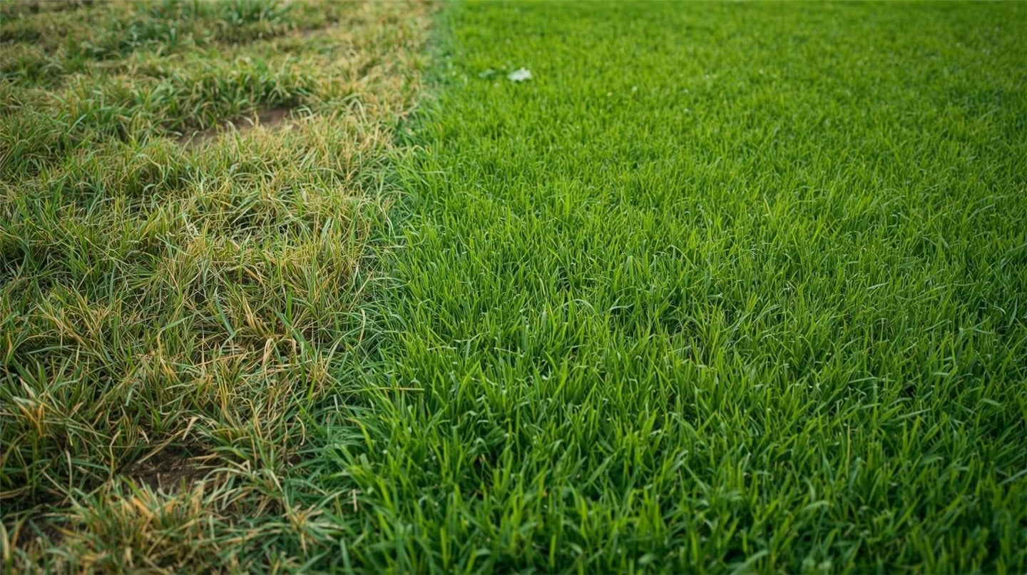 Droge herfstbladeren op een kort groen gazon in zachte ochtendlicht