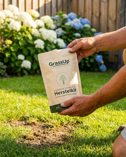 De Herstelkit wordt neergezet bij witte hortensia's