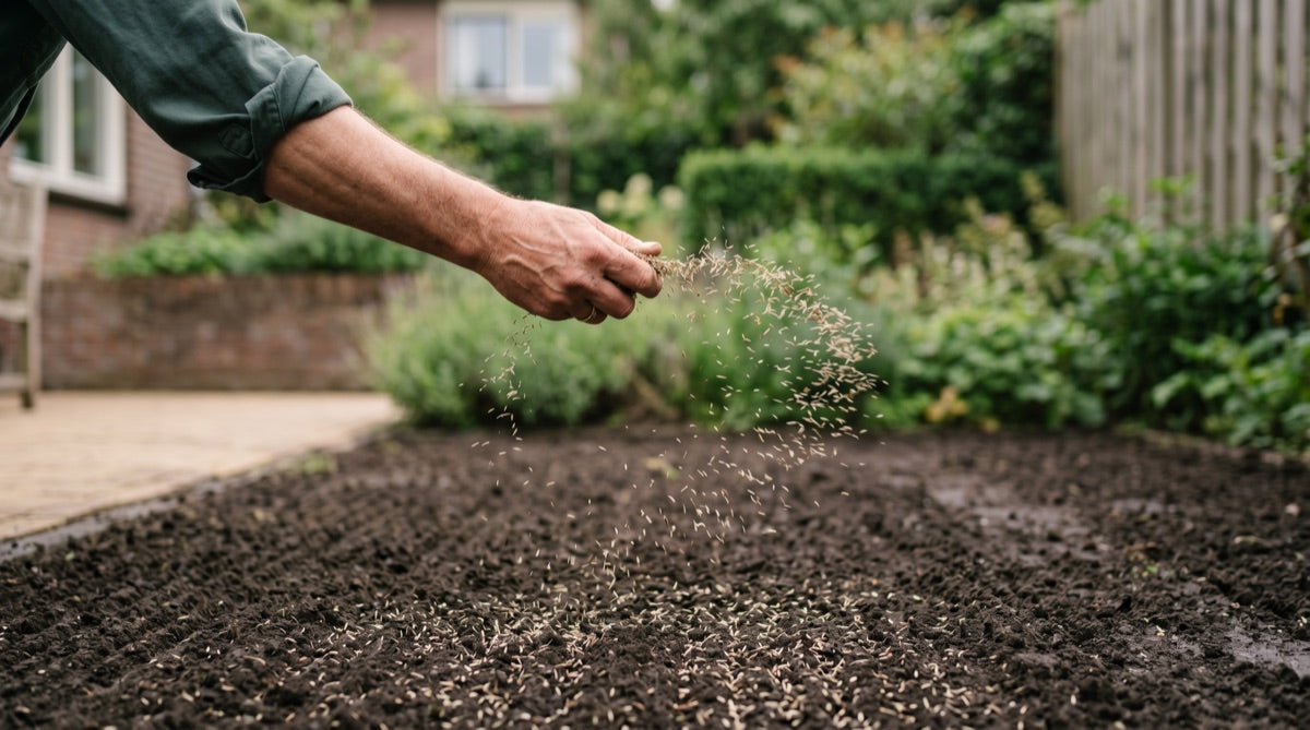 Graszaad wordt met de hand over de grond gestrooid