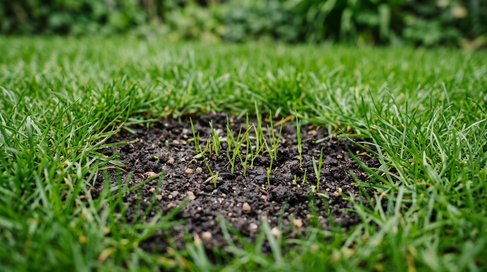 Kale plek in een groen gazon met duidelijk zichtbare grens tussen aarde en gras