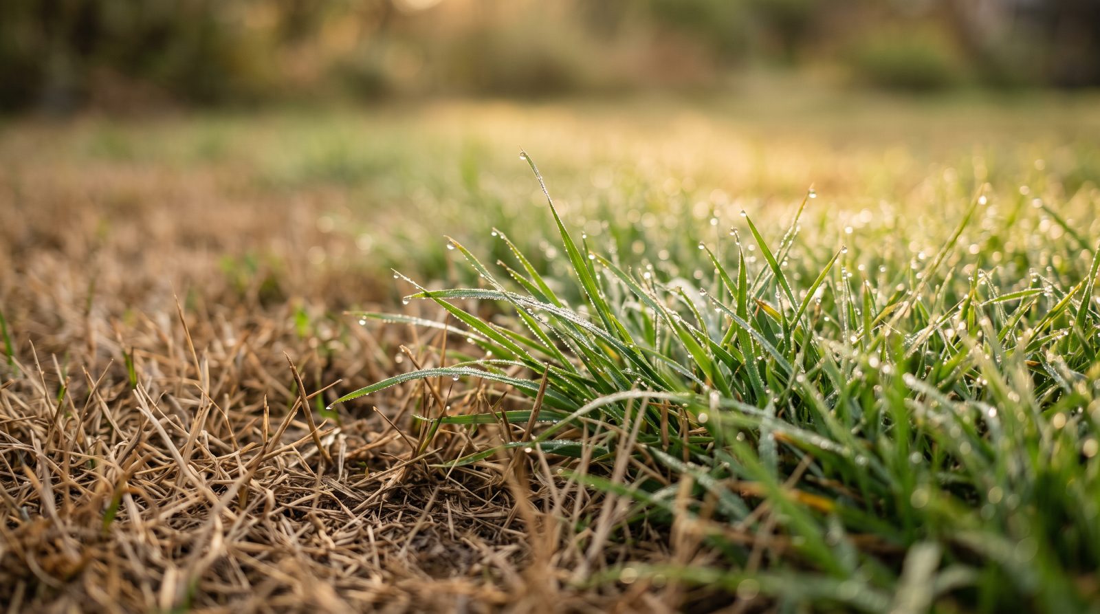 Close-up van beschadigd droog gazon naast herstellend groen gras na een droge zomer