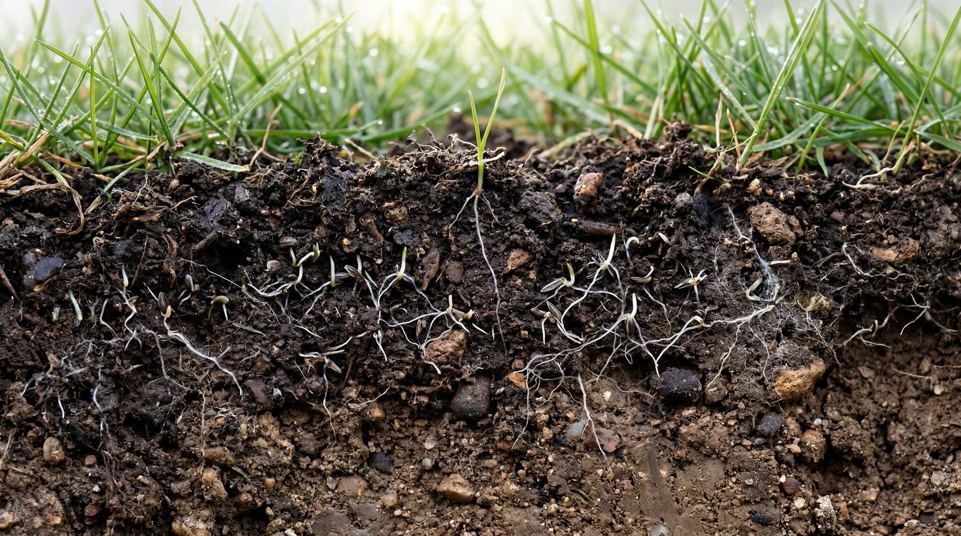Dwarsdoorsnede van de bodem — het kiembed waarin graszaad tot ontwikkeling komt