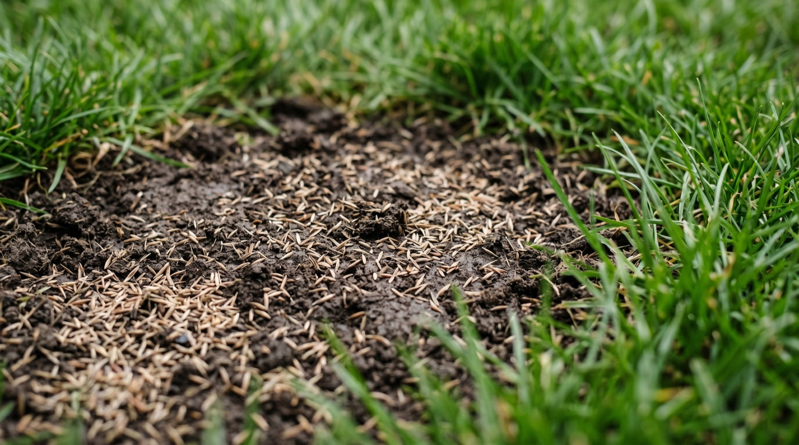 Graszaad op de kale plek van een gazon, klaar om te kiemen