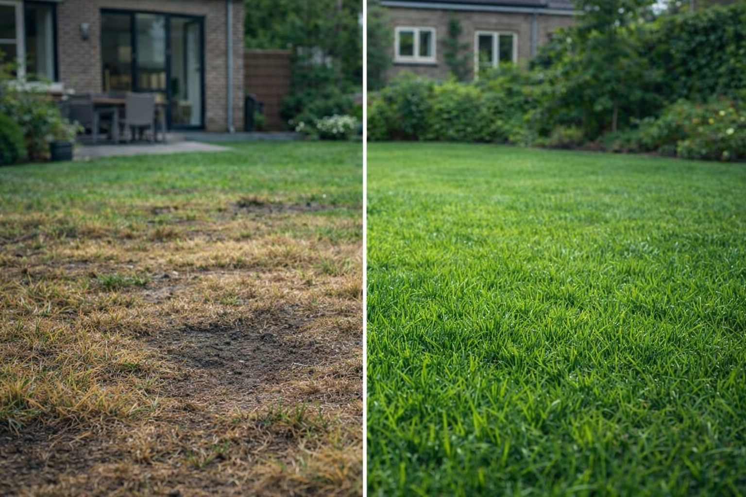 Gazon herstellen voor en na: links een kaal beschadigd gazon, rechts een dicht groen hersteld gazon