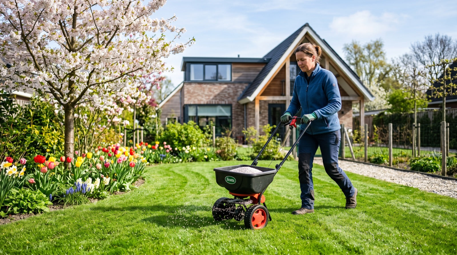 Gazon-voorjaarsbeurt: fris groen gazon in het voorjaar met tuingereedschap