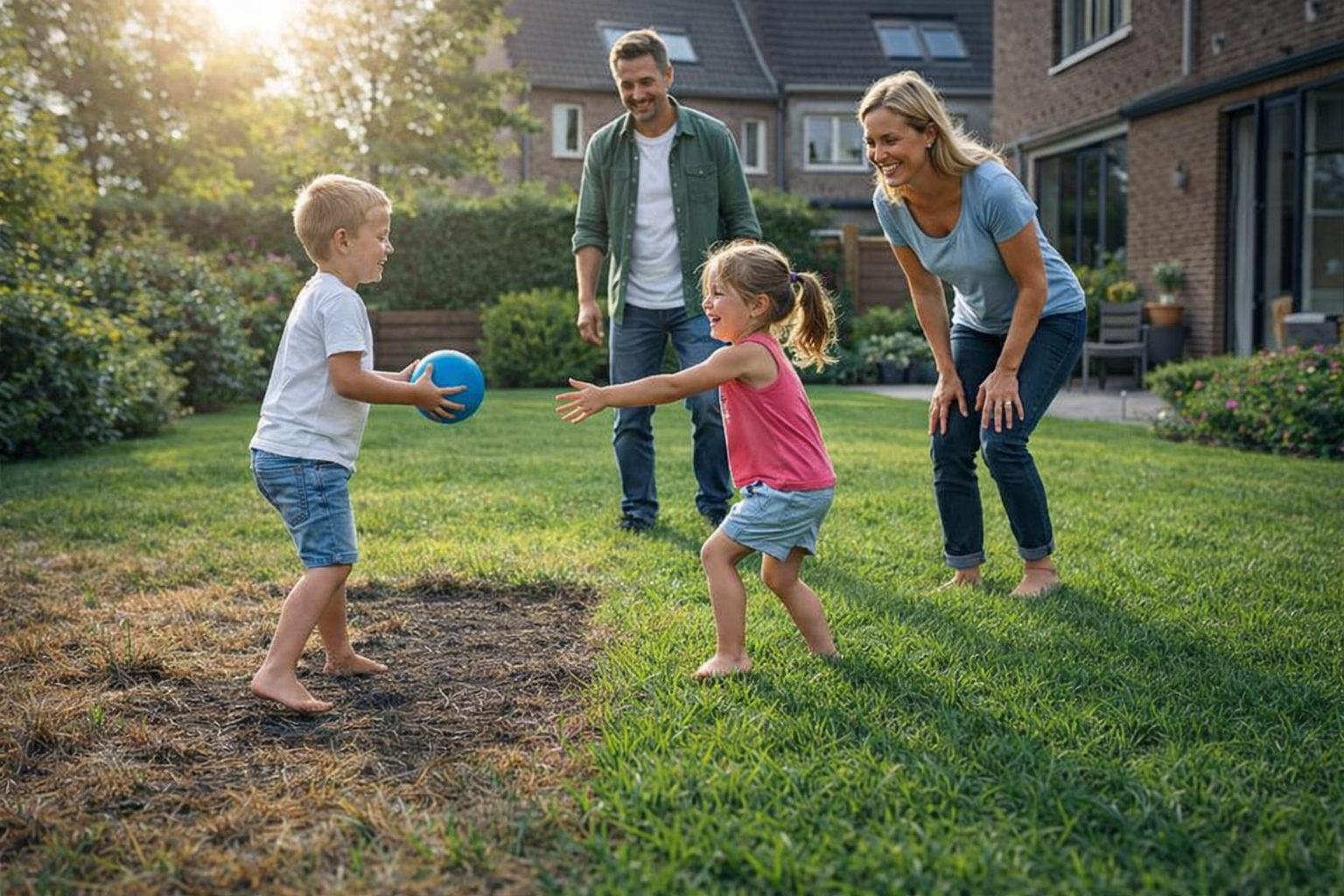 Gezin speelt op een hersteld gazon — kale plek zichtbaar die hersteld wordt