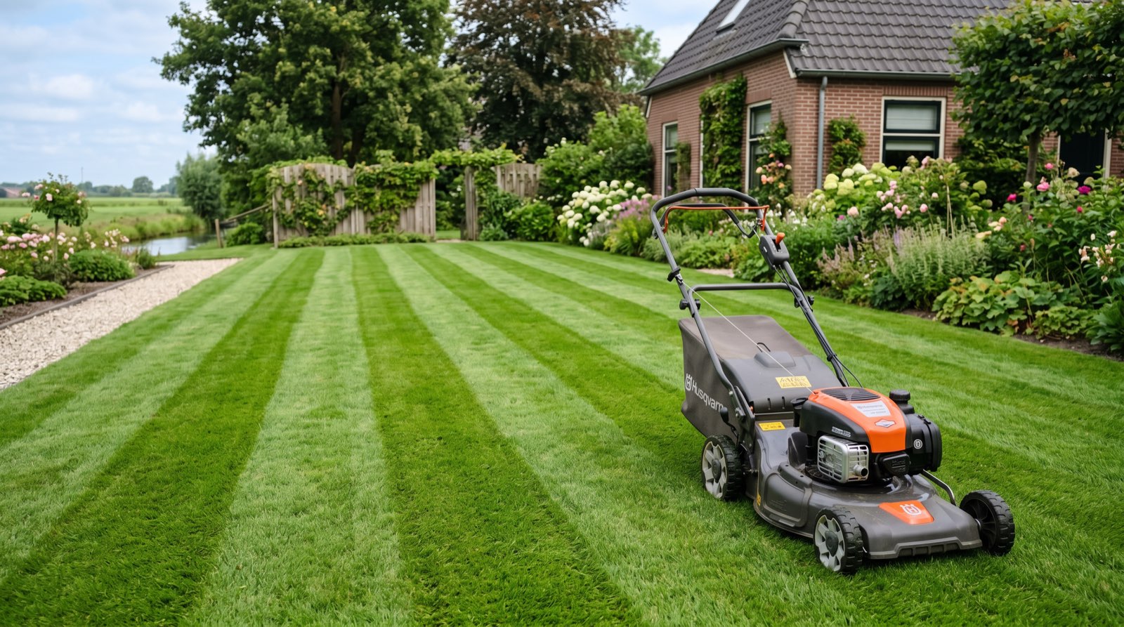 Gazon dat met een grasmaaier wordt gemaaid