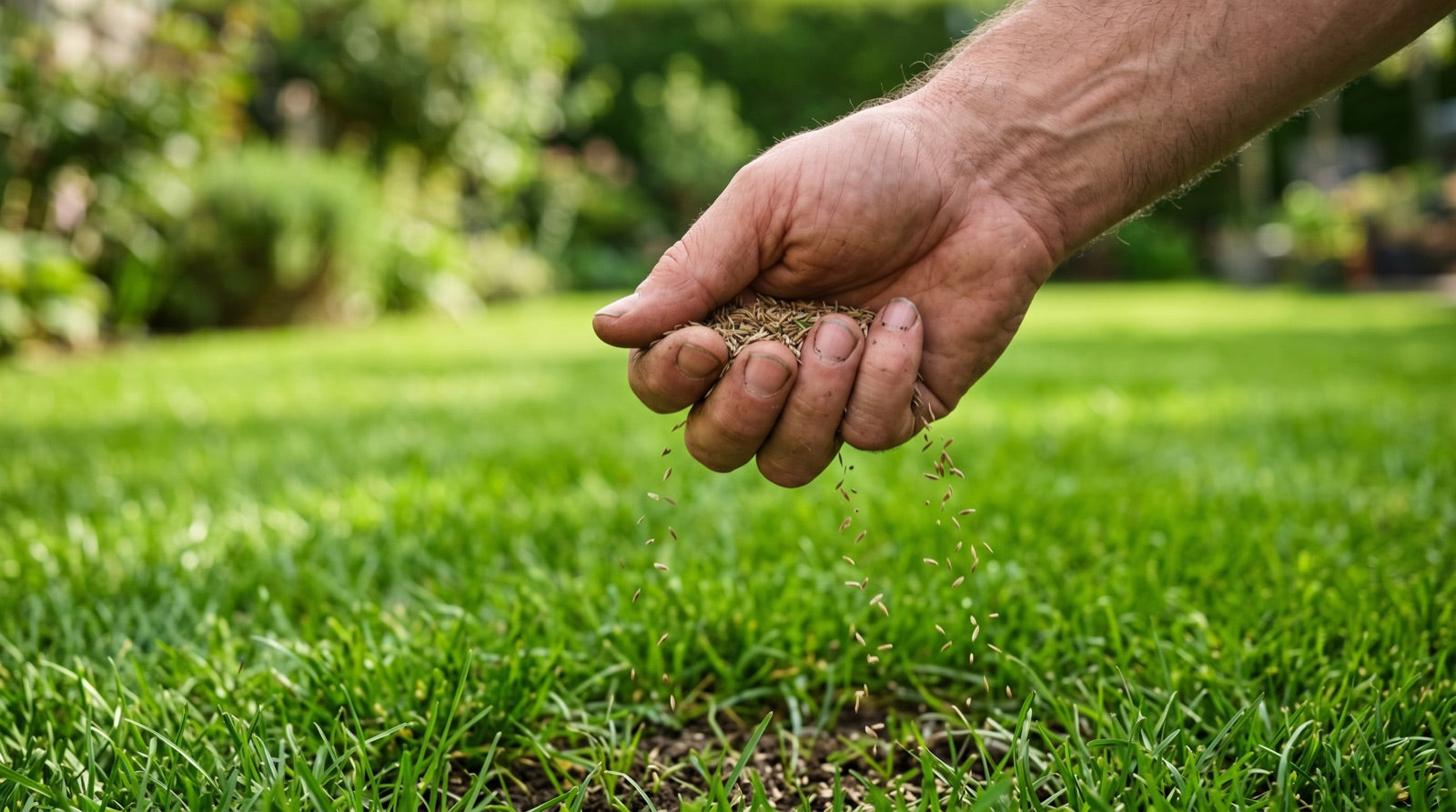 Graszaad in de hand boven een groen gazon — het juiste grasmengsel kiezen