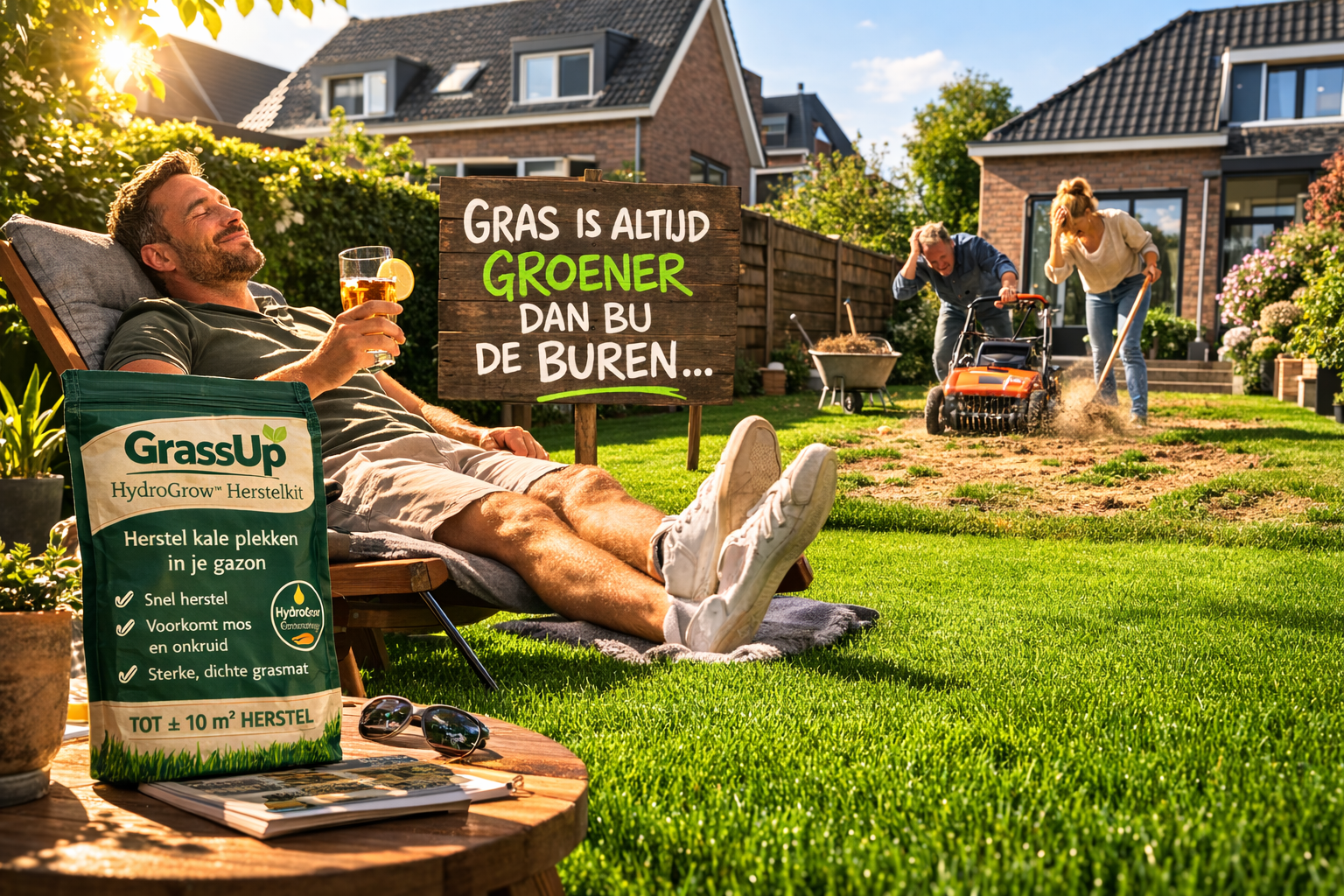 GrassUp HydroGrow Herstelkit resultaat — gras is altijd groener dan bij de buren
