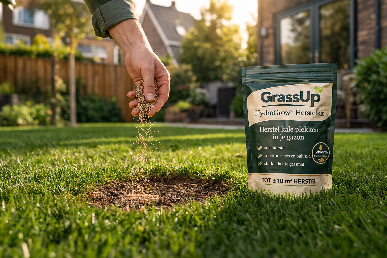 Hand strooit GrassUp HydroGrow Herstelkit op kale plek in gazon — gazon herstellen stap voor stap