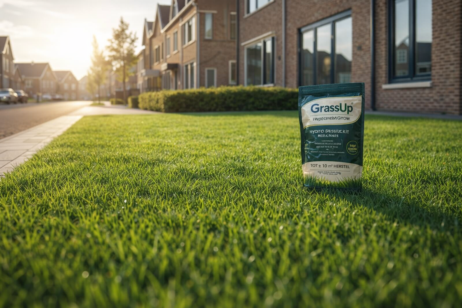 GrassUp HydroGrow Herstelkit in een nieuwbouwtuin met strak groen gazon op de achtergrond