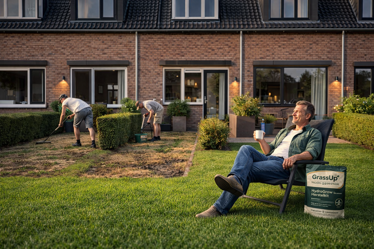 Man ontspant op perfect gazon terwijl buren nog aan het worstelen zijn — GrassUp HydroGrow Herstelkit