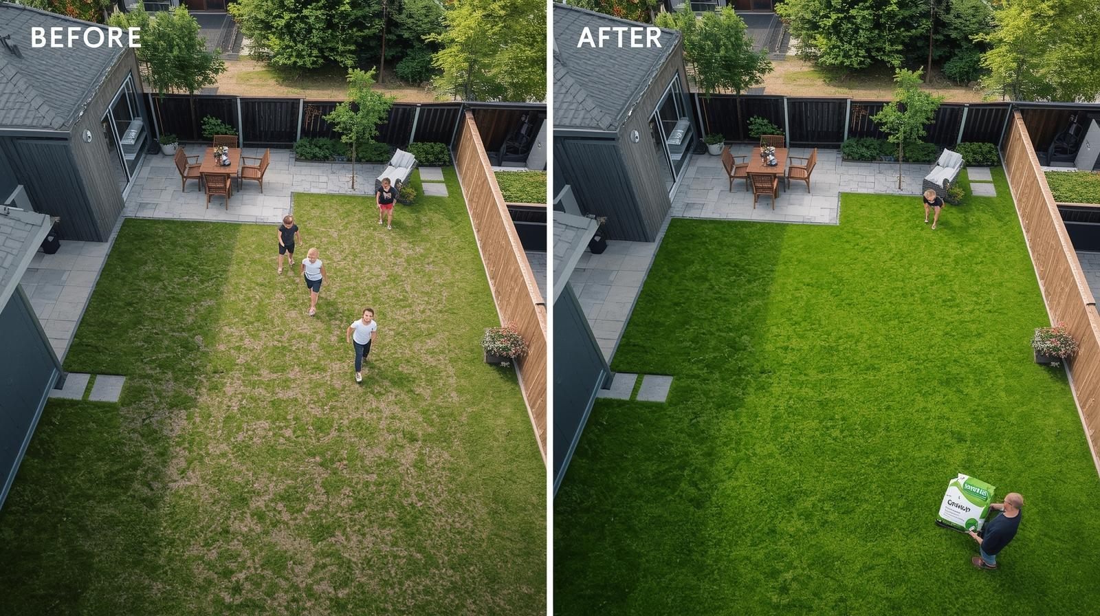 Gazon vóór en ná herstel met GrassUp — zelfde tuin, zelfde camerahoek
