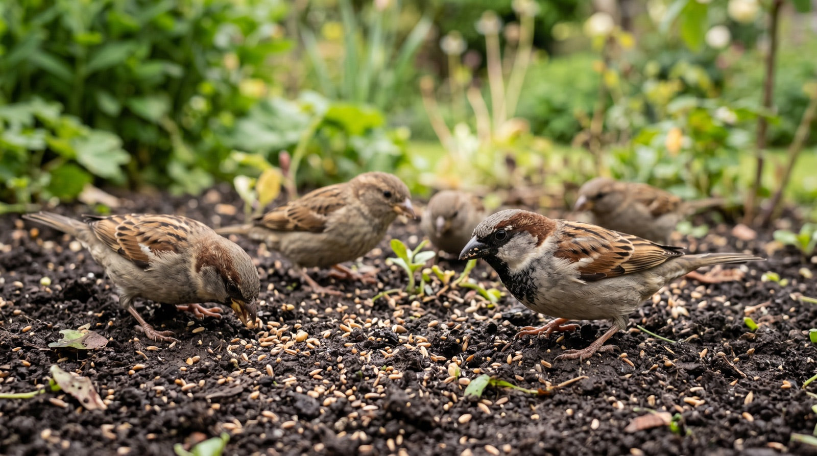 Vogels pikken graszaad van een vers ingezaaide bodem
