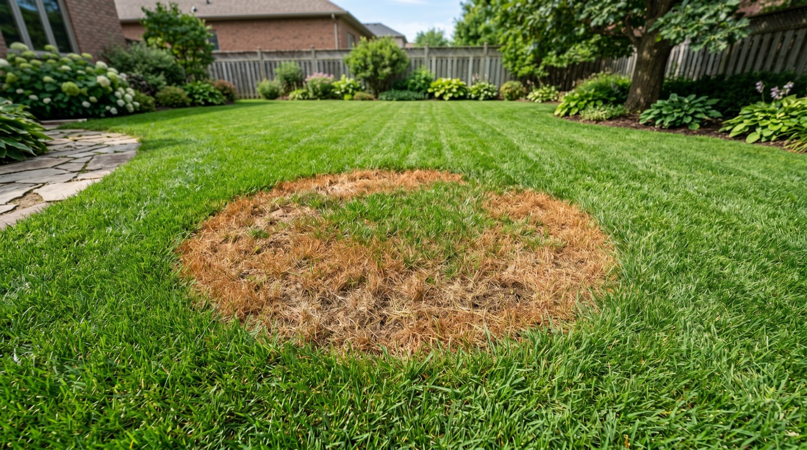 Gazon met verkleurde plekken door een grasziekte