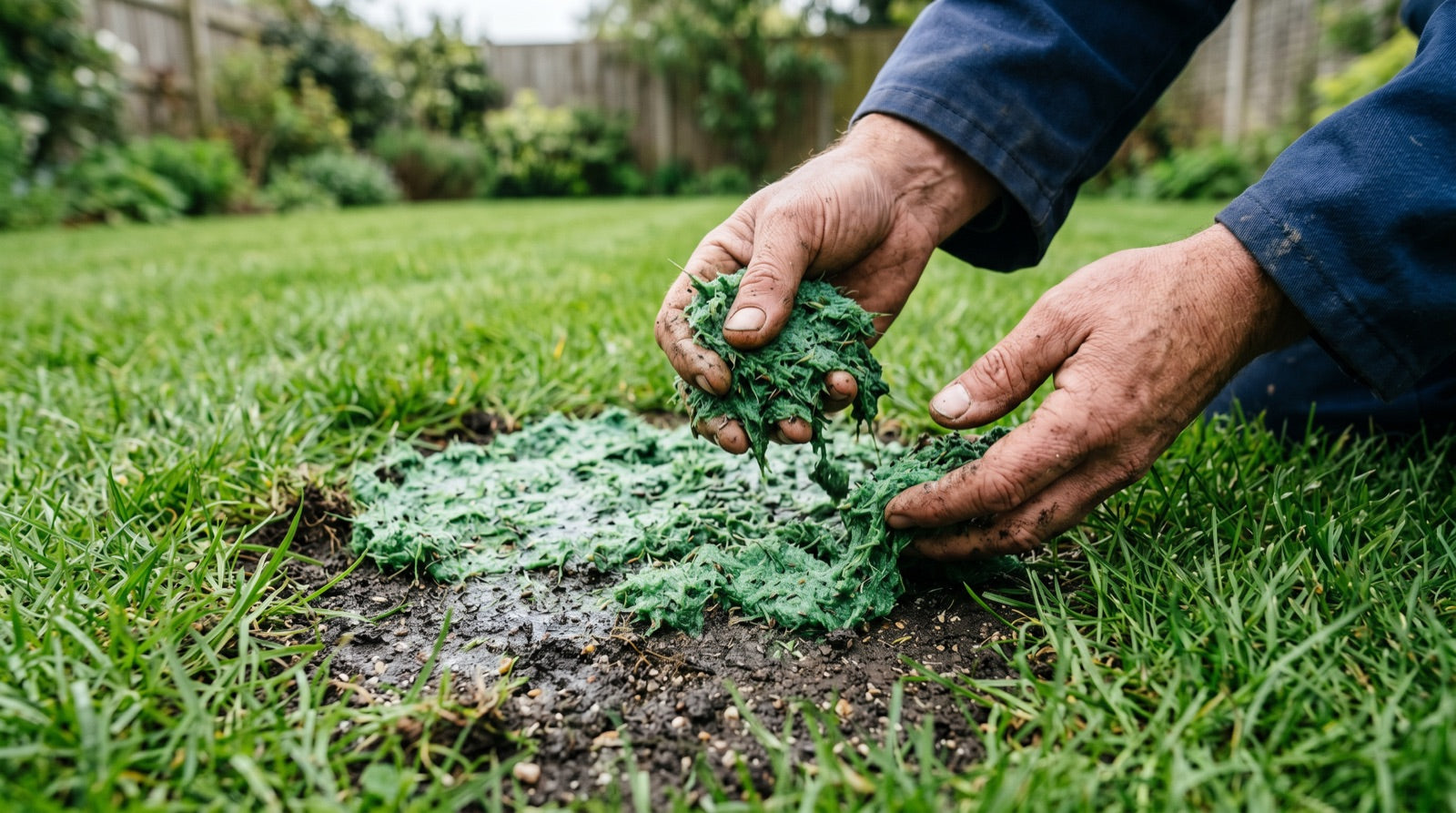 Een gazon-herstelkit wordt over een kale plek in het gras gestrooid