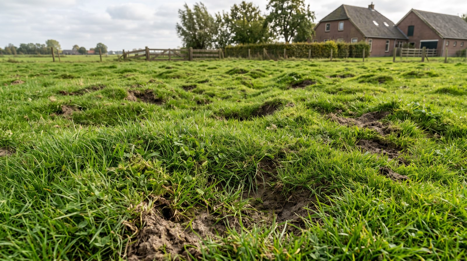Hobbelig gazon met kuilen, bobbels en oneffenheden in het groene gras
