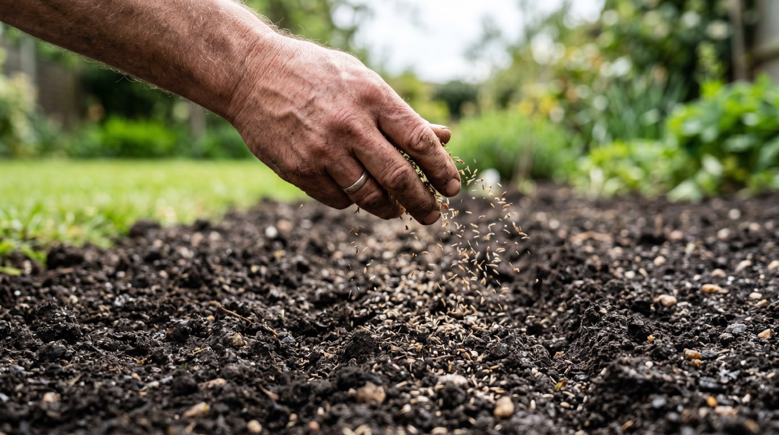 Graszaad wordt met de hand over de grond gestrooid