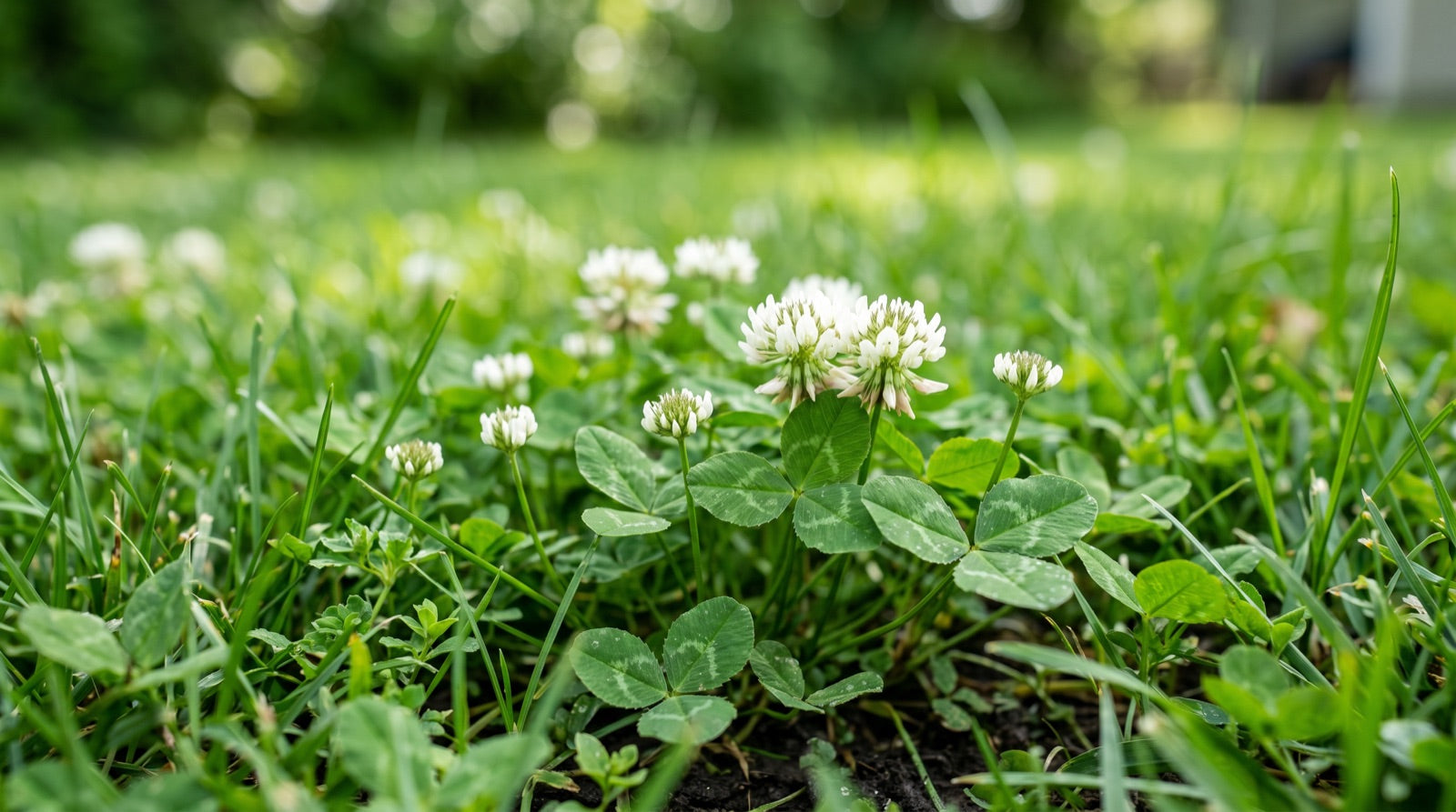 Klaver met witte bloemetjes tussen het gras in een gazon