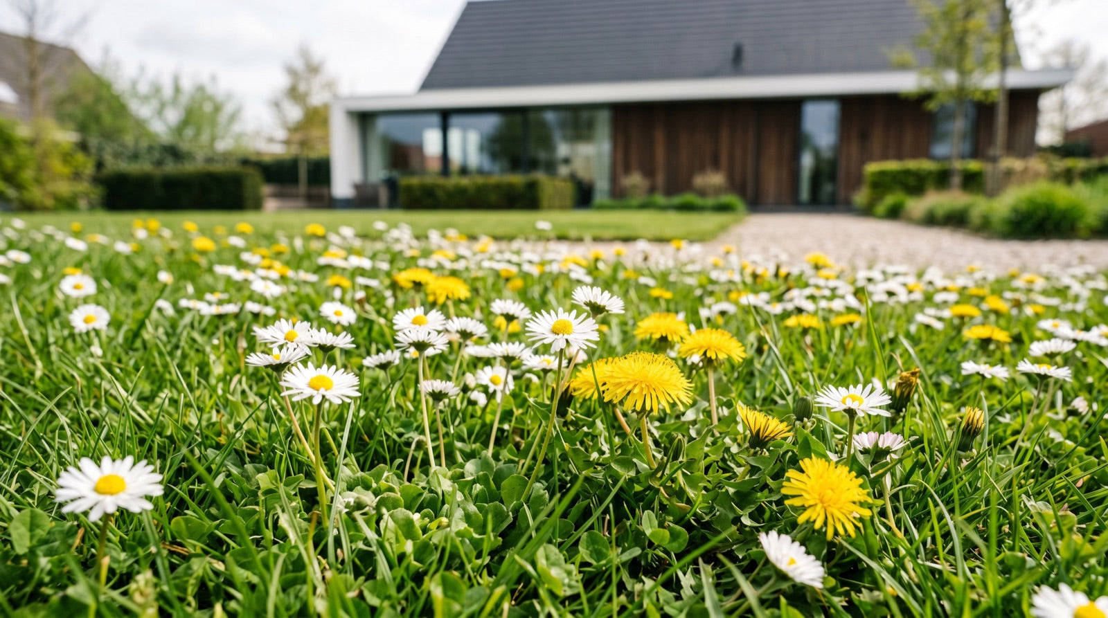 Madeliefjes en paardenbloemen met witte en gele bloemen in een gazon