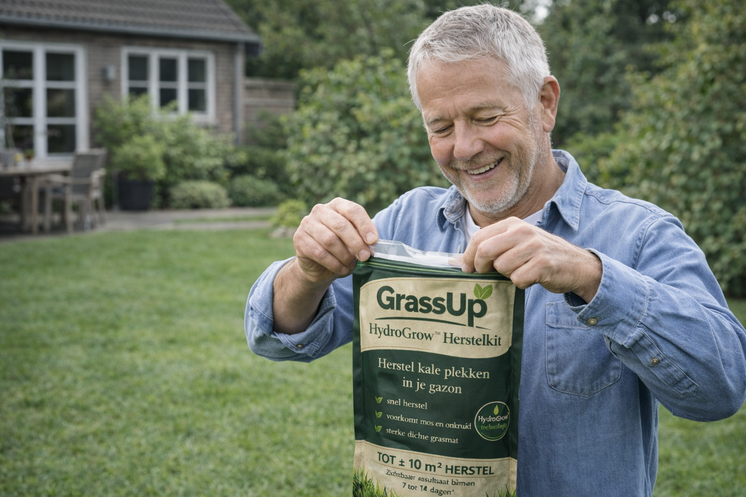 Man opent GrassUp HydroGrow Herstelkit in zijn tuin — klaar om gras bij te zaaien dat niet groeit