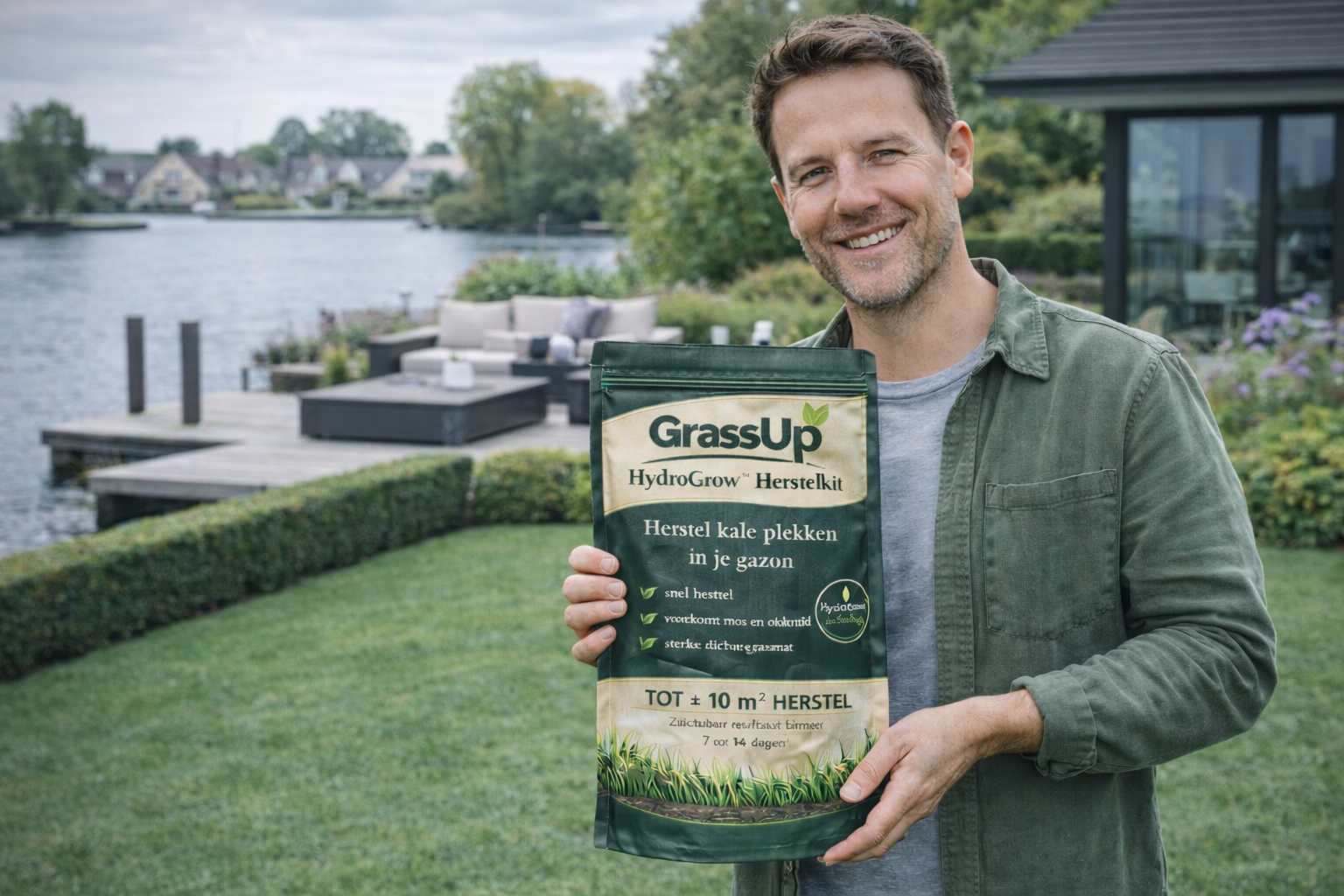 Man houdt GrassUp HydroGrow Herstelkit vast — premium gazonherstel kit