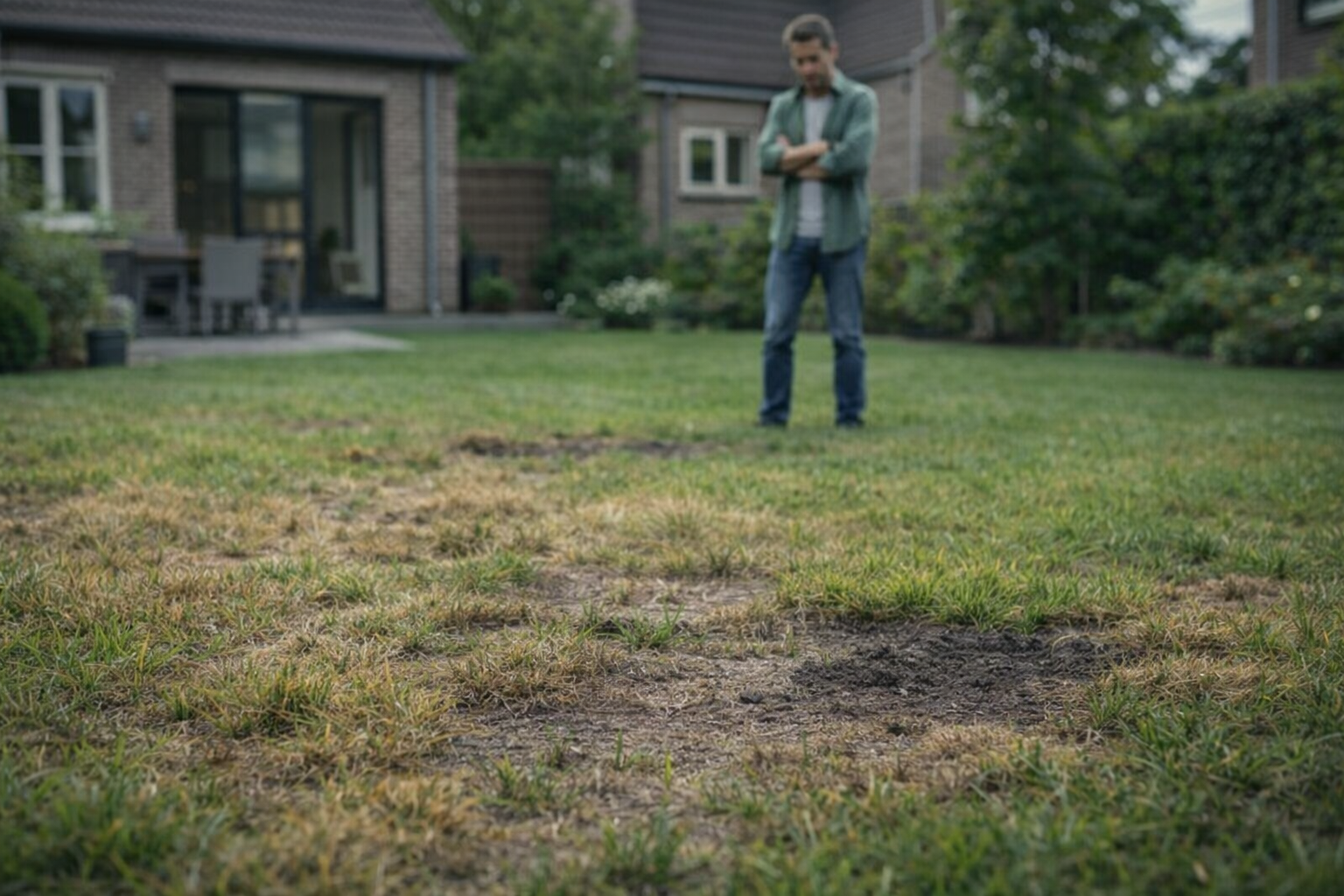Man bekijkt kale plekken in zijn gazon en vraagt zich af hoe hij het gazon kan herstellen