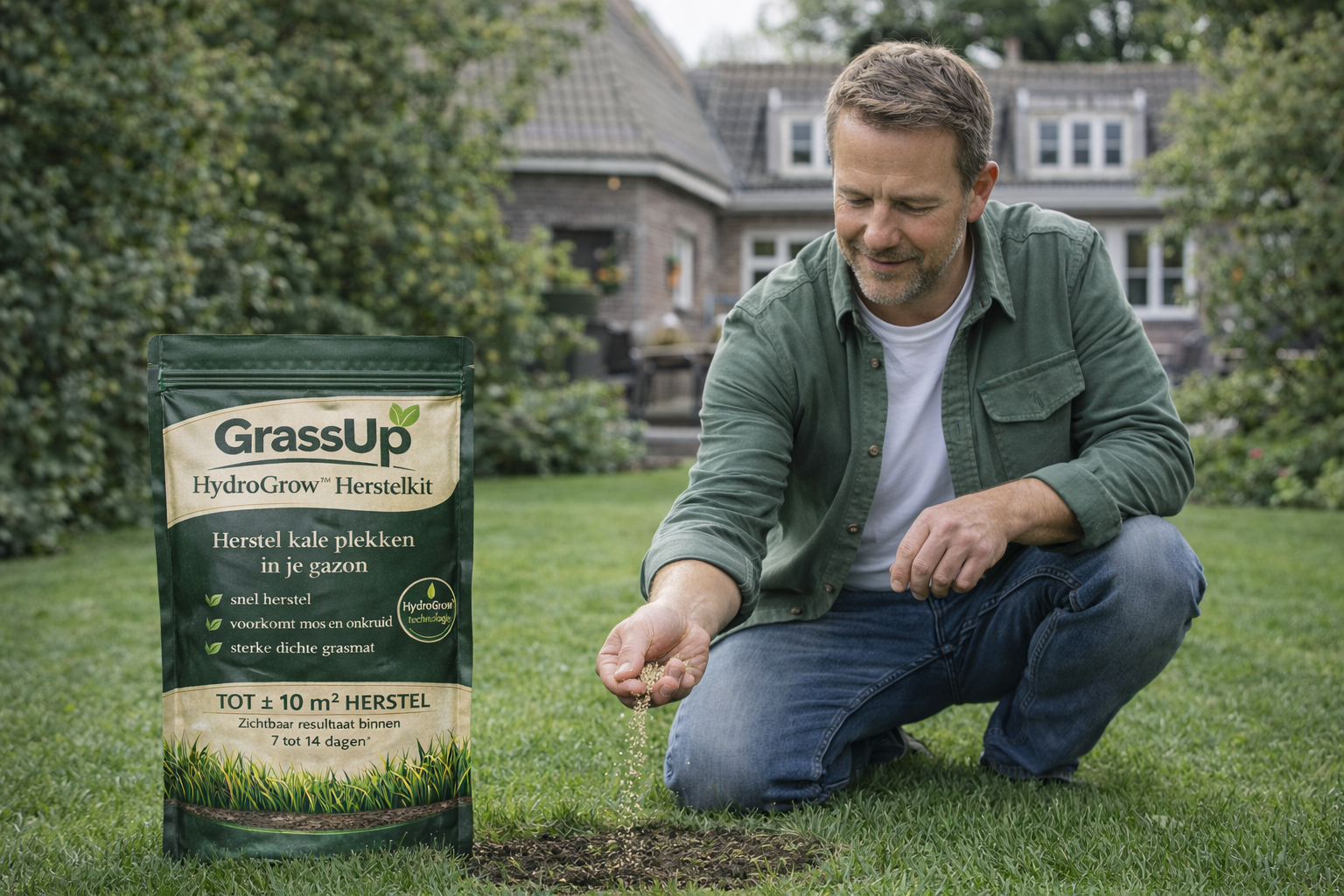 Man zaait gazon bij met GrassUp HydroGrow Herstelkit — bijzaaien stap voor stap