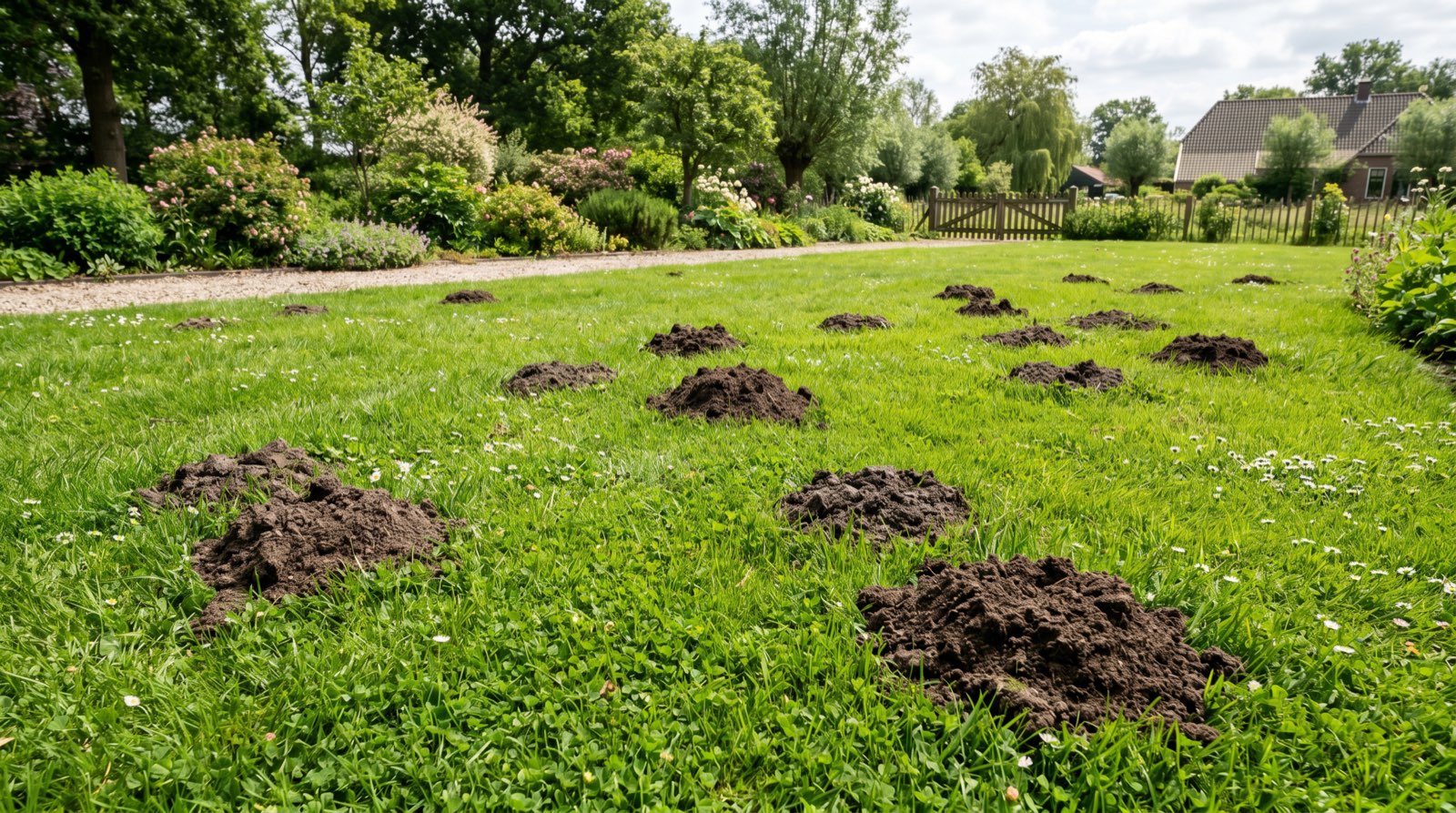 Molshopen en bultjes in een gazon door bodemdieren