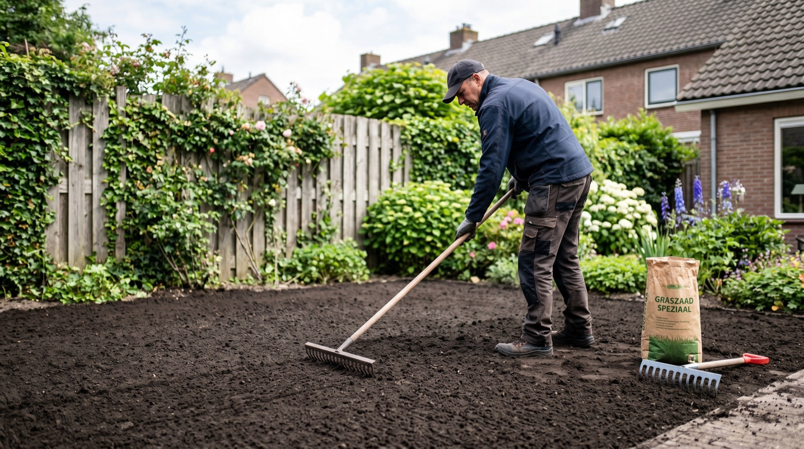 Nieuw gazon aanleggen: graszaad zaaien op een voorbereide, geëgaliseerde bodem