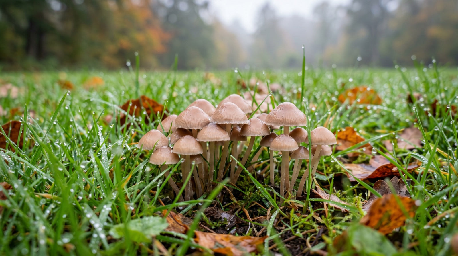 Paddenstoelen in een gazon na een vochtige periode