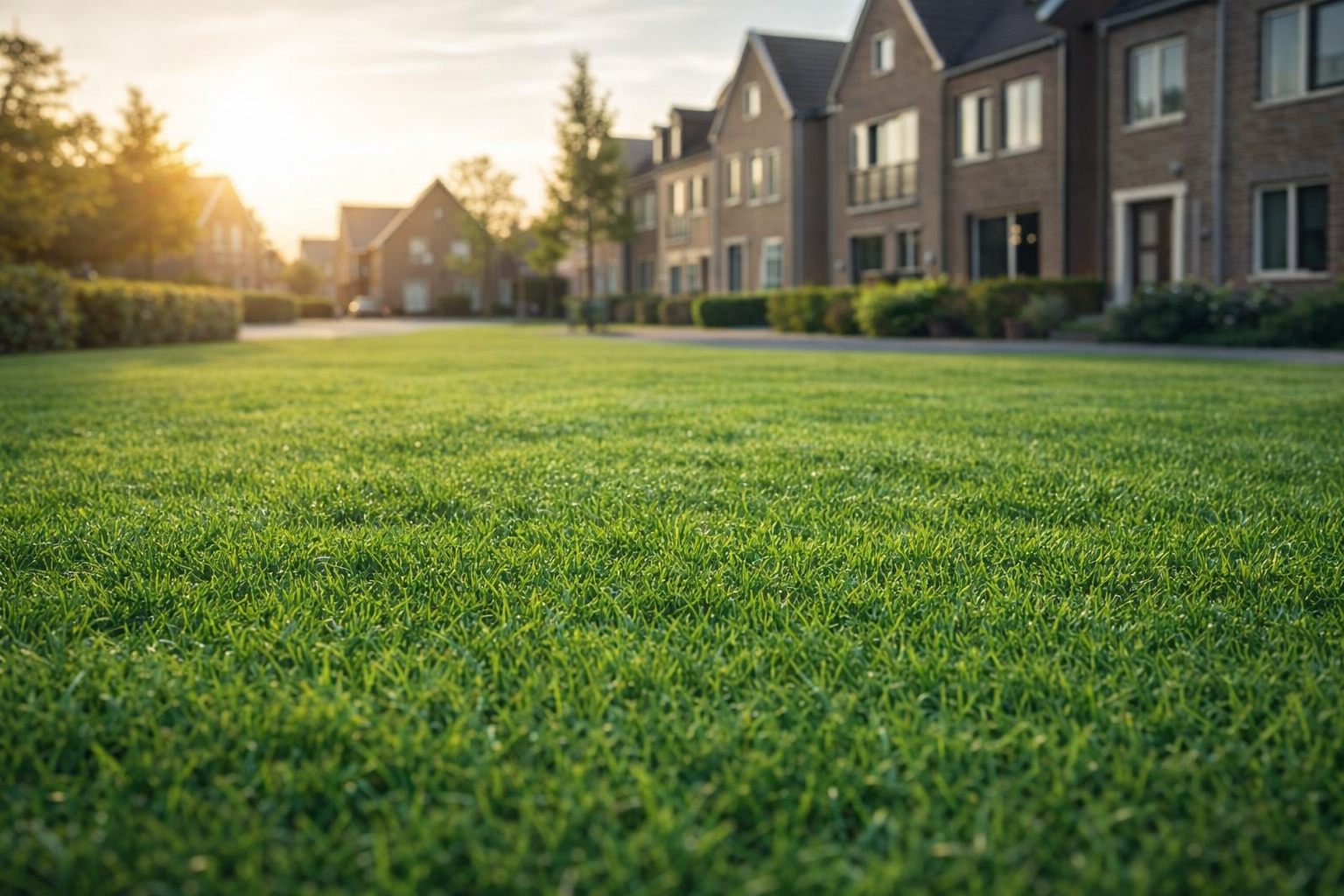 Strak groen gazon voor een nieuwbouwhuis — het resultaat van goede bodemvoorbereiding en de juiste inzaai