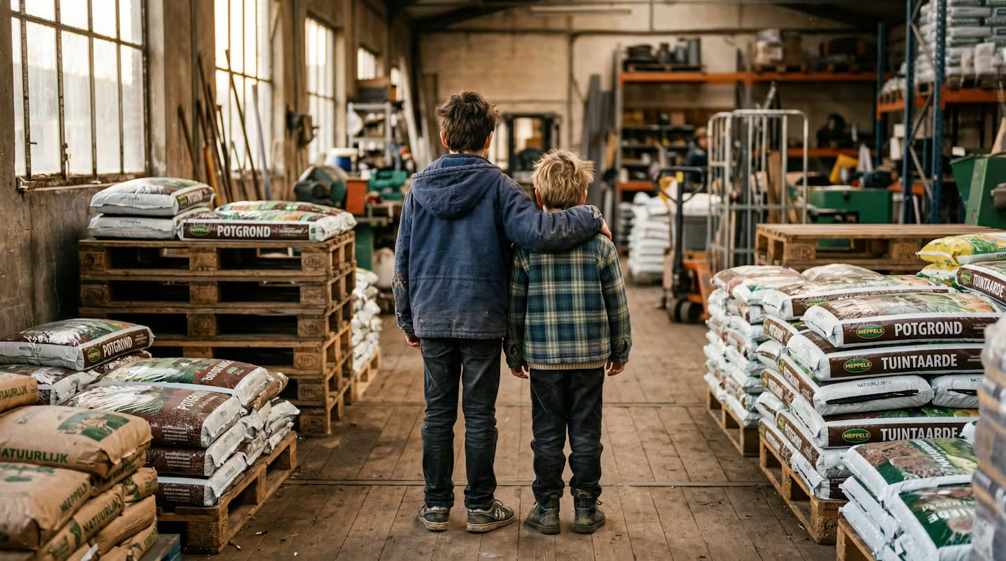 Twee broers tussen pallets potgrond op de tuinzaak van hun vader