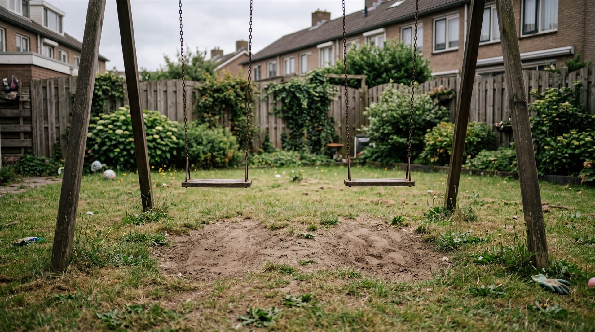 Nederlandse achtertuin met kale plek onder de schommel